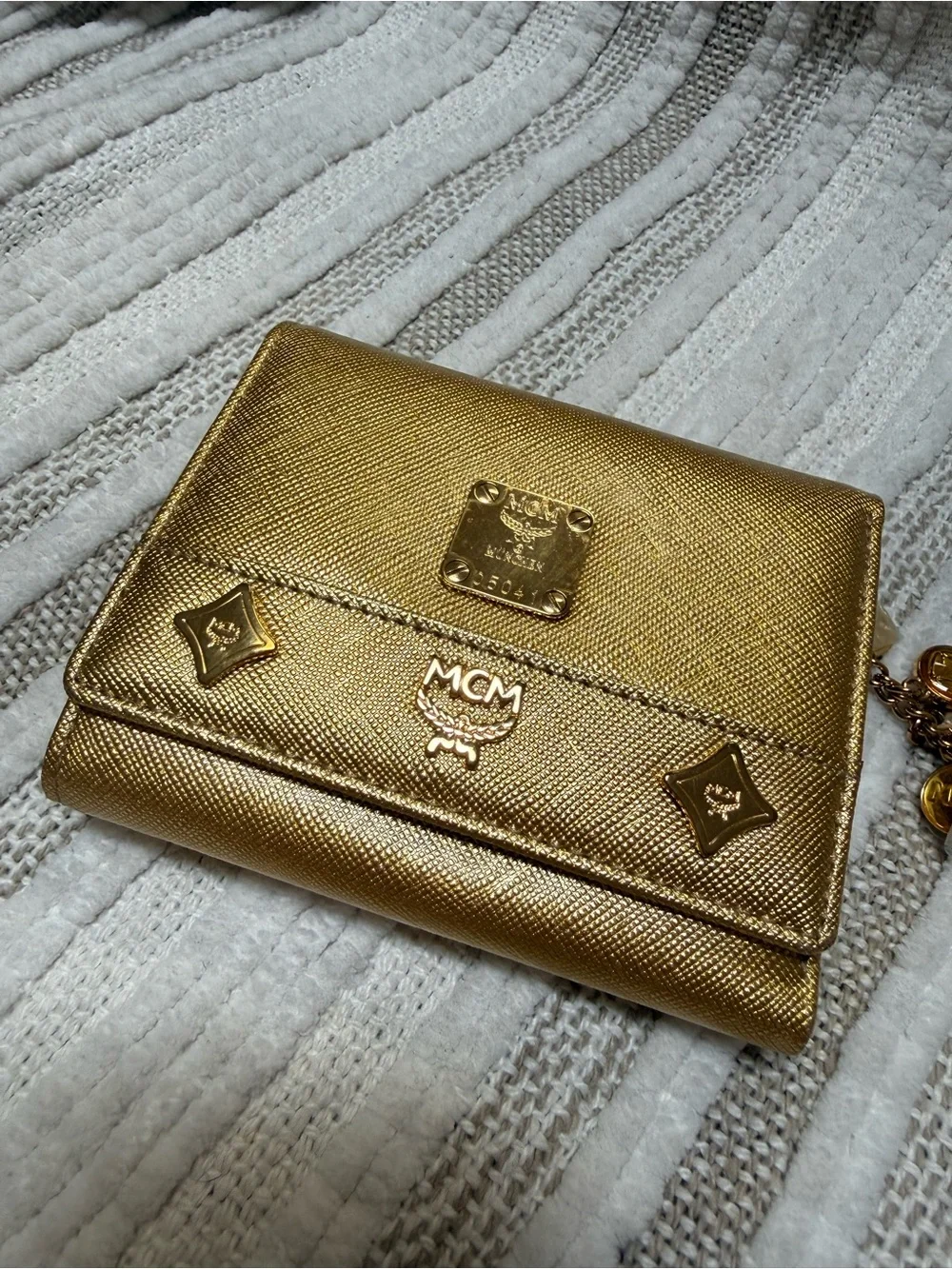 MCM Metallic Gold Saffiano Leather Compact Wallet with Charm